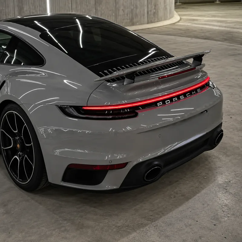 Grauer Porsche mit Heckspoiler und leuchtendem Lichtband
