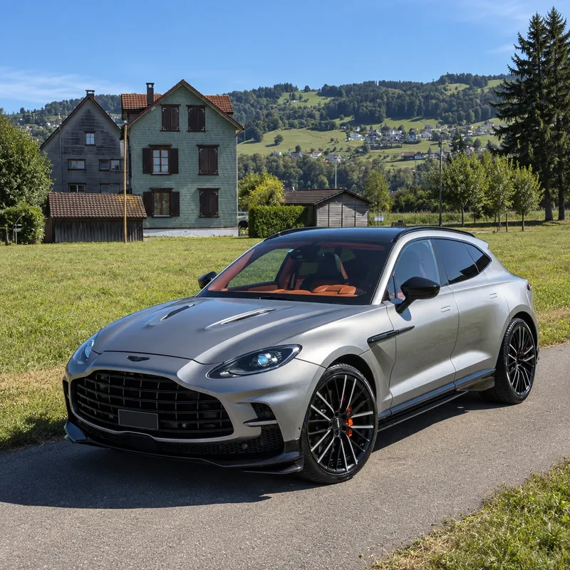 Silberner Aston Martin SUV in der Aussenansicht